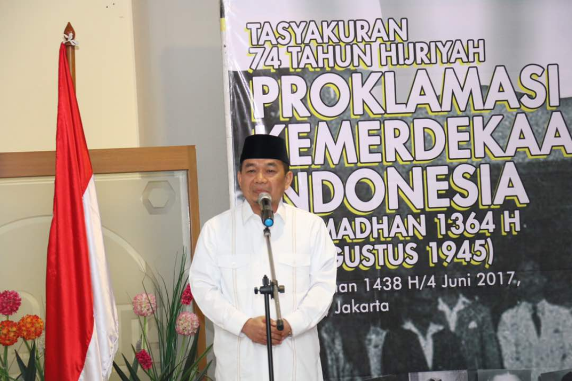 Ketua Fraksi PKS DPR RI Jazuli Juwaini dalam Refleksi dan Tasyakuran 74 Tahun Hijriyah Proklamasi Kemerdekaan 9 Ramadhan di gedung DPP PKS, Jln TB Simatupang, Jakarta Selatan, Ahad (4/6/2017). (PKS Foto)