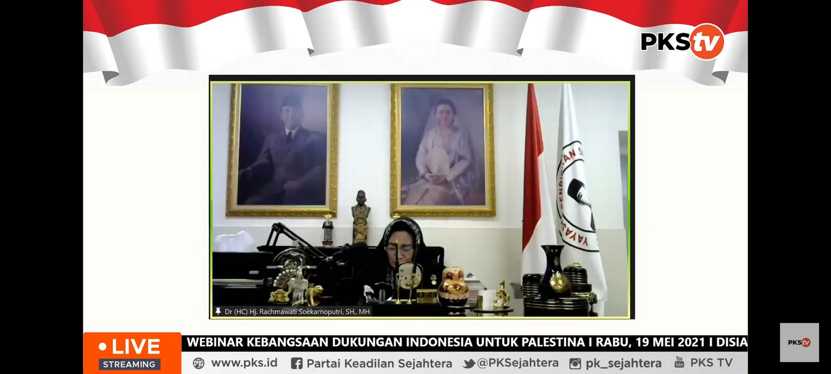 Putri Proklamator RI, Rachmawati Soekarnoputri, hadir sebagai pembicara Webinar Kebangsaan Dukungan Indonesia untuk Palestina yang diselenggarakan oleh Partai Keadilan Sejahtera, Selasa (19/5/2021)