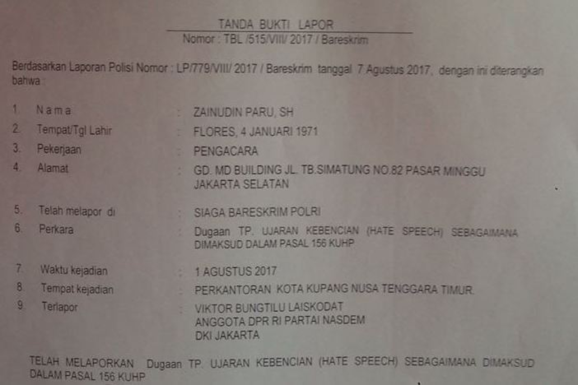 Tanda bukti pelaporan kepada Victor Laiskodat ke Bareskrim Mabes Polri