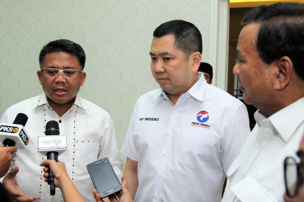 Presiden PKS Mohamad Sohibul Iman, Ketua Umum Perindo Hary Tanoe dan Ketua Umum Gerindra Prabowo Subianto