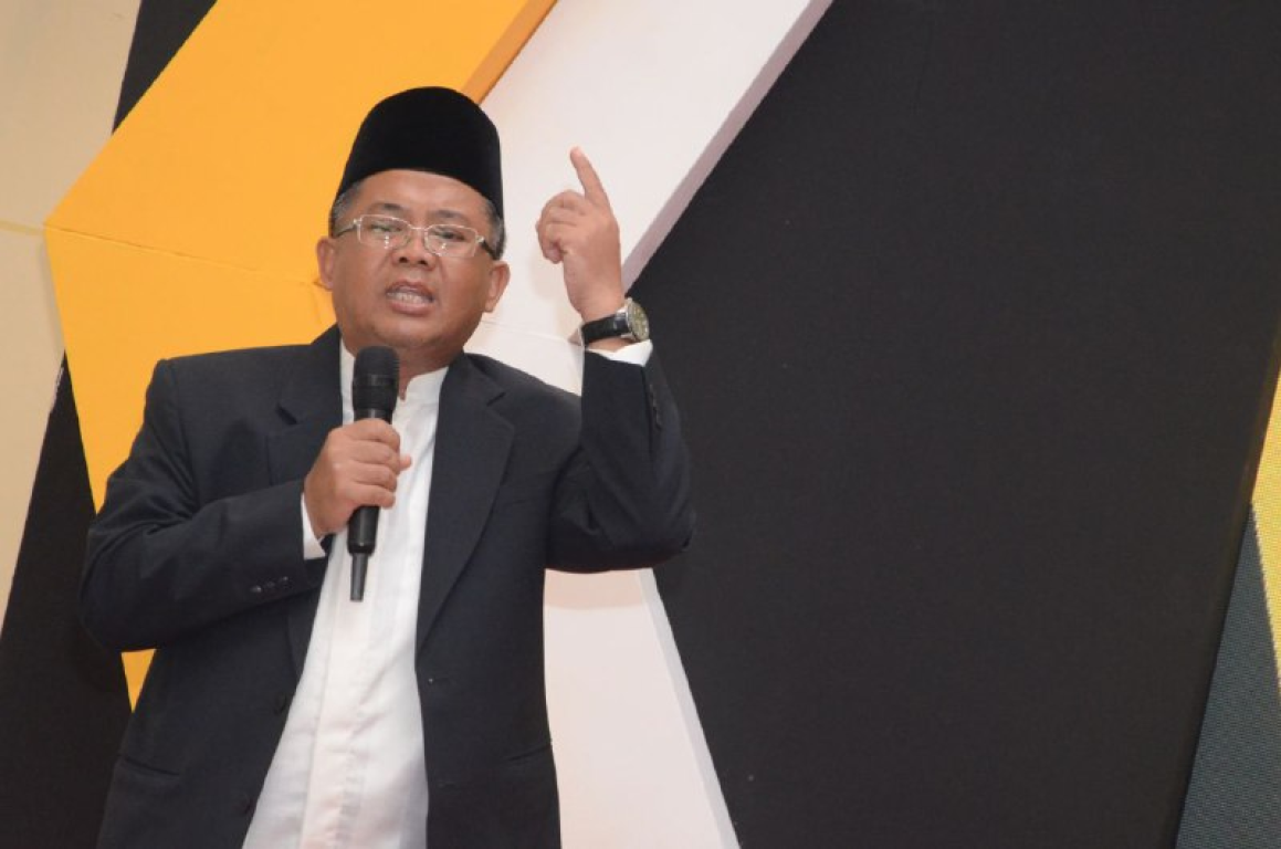 Presiden PKS Mohamad Sohibul Iman dalam sambutannya di peringatan Milad 21 PKS dan Halal bi Halal di kantor DPP PKS, Jakarta, Ahad (23/6) (Donny/PKSFoto)